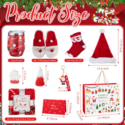 Patelai 10 Pcs Christmas Gifts Merry Christmas Gift Basket Set Xmas Hat 12 oz Tumbler Gift Bag Blanket Slippers Socks Candles Keychain Greeting Card for Women Wife Coworkers Friend Teacher