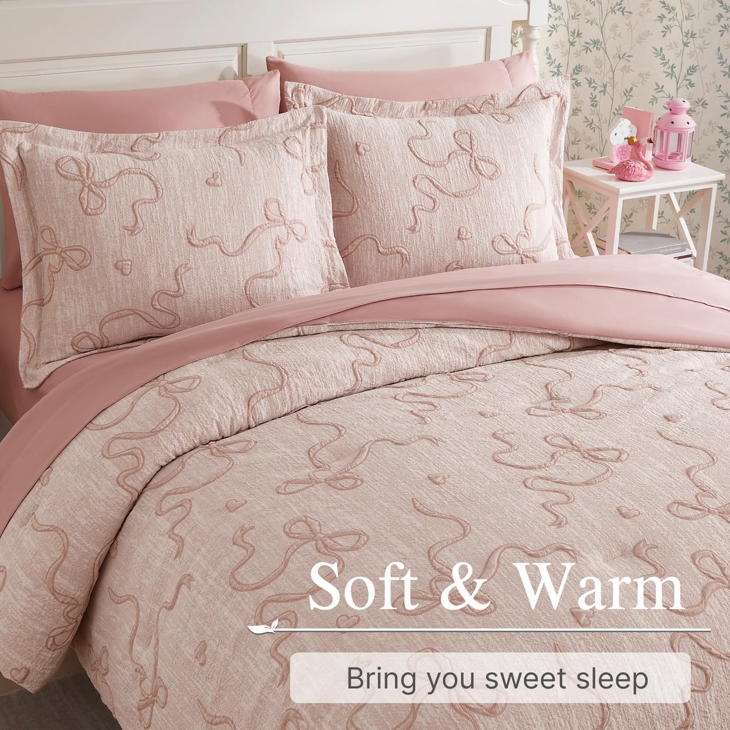 Geniospin Pink Twin Comforter Set for Girls- 5 Pieces Bowknot Jacquard Bed in A Bag Twin Bedding Sets with Sheets, Pillowcases & Shams, All Season Kids Comforter Set