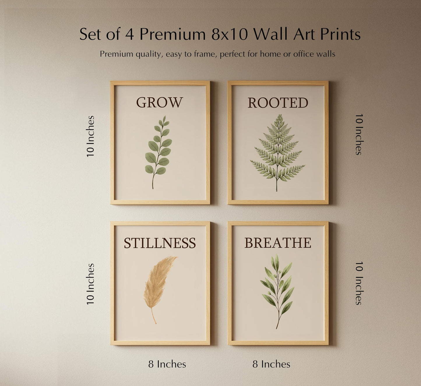 AMERICAN LUXURY GIFTS Breathe Grow Stillness Rooted Botanical Prints - Minimalist Typography Zen Wall Decor for Bedroom Bathroom Office - Set of 4, 8x10 Unframed Prints