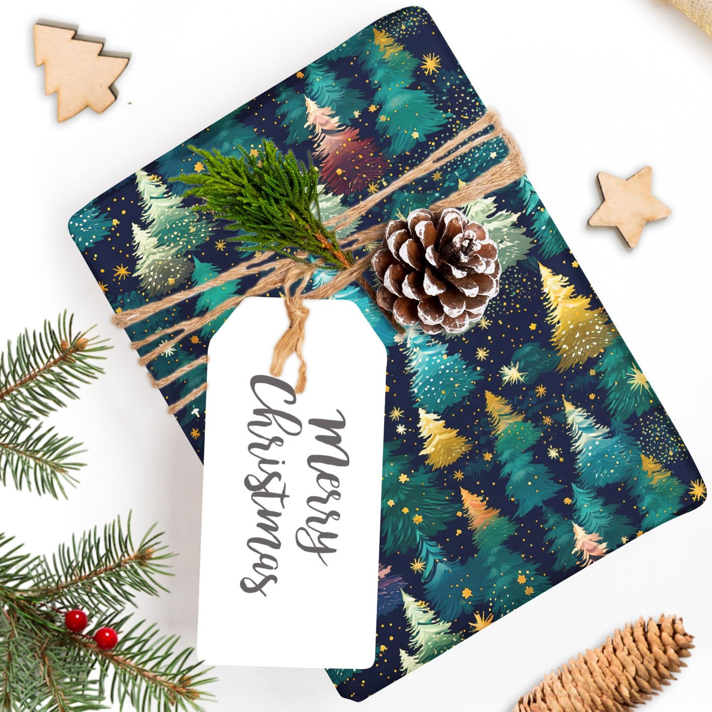 SaringSwoon Christmas Tree Wrapping Paper for Kids Adults - Xmas Wrapping Paper with Starry Night Sky, Christmas Trees and Stars Designs for Winter Holiday - 40×28 Inches, 4 Folded Sheets