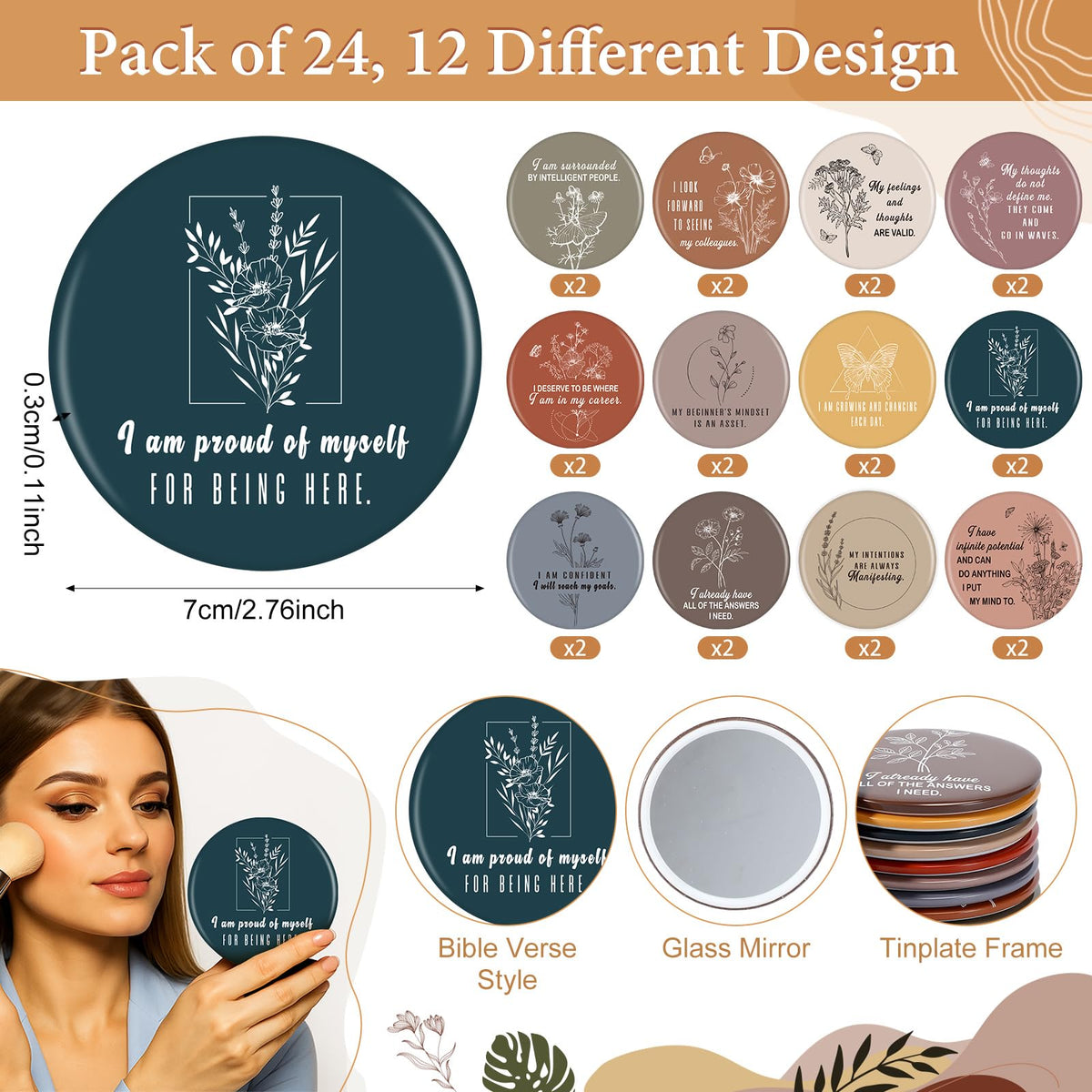 Mooliwe 72 Pcs/24 Set Positive Affirmation Gift Set for Women Gratitude Notebooks with Ballpoint Pens Mini Mirrors Small Bags Motivational Encouragement Notepad for Women Coworkers Adult Party Favor