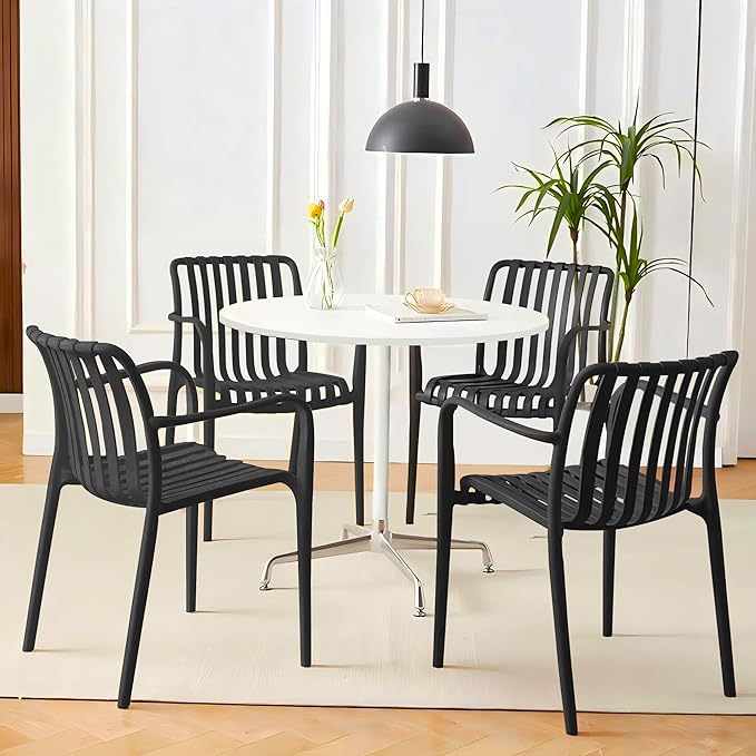 Patio Chairs Set of 4, All-Weather Stackable Outdoor Dining Chairs with Curved Back, Patio Dining Chairs for Patio, Deck, Porch, Backyard, Restaurant, Cafe, Black