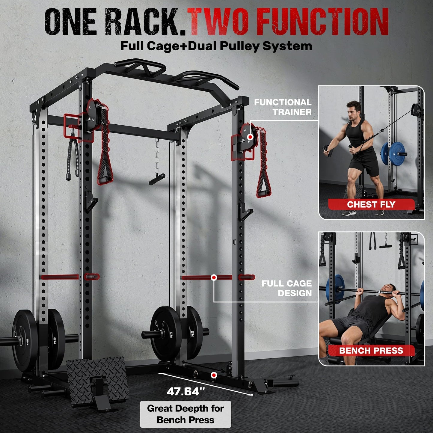 GOIMU DP01 Power Cage, 2000LBS Squat Rack with Cable Crossover and Dual Independent Pulley System, Full Cage for Full Body Training, Power Rack with More Training Attachments for Home Gym (Bk-Pro)