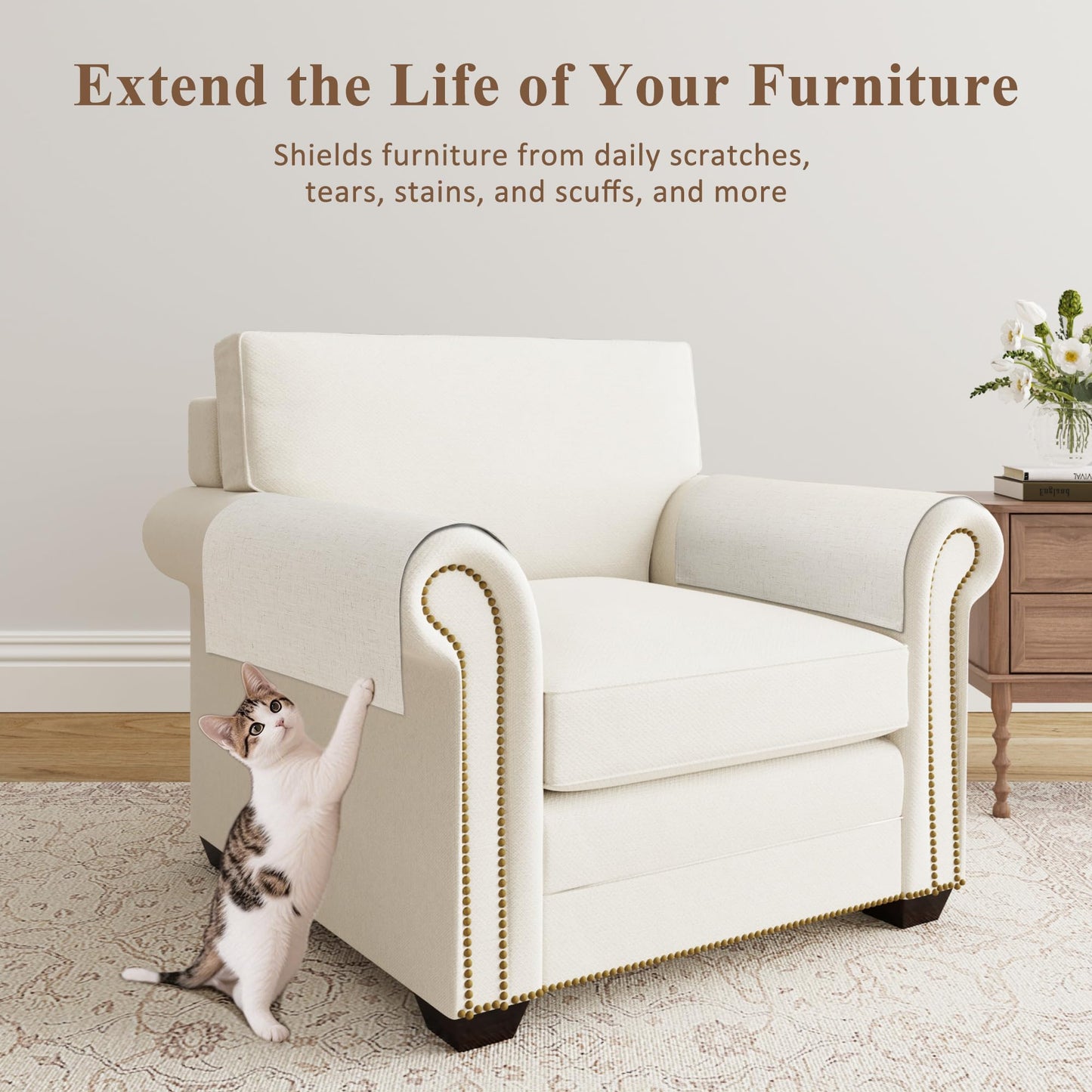 SPWIY Couch Arm Covers Linen Chair Arm Covers Stain Resistant & Anti-Scratch Furniture Protector for Sofa Recliner Armrest Cover for Pets, 2 Pcs, Cream, 20" W x 24" L
