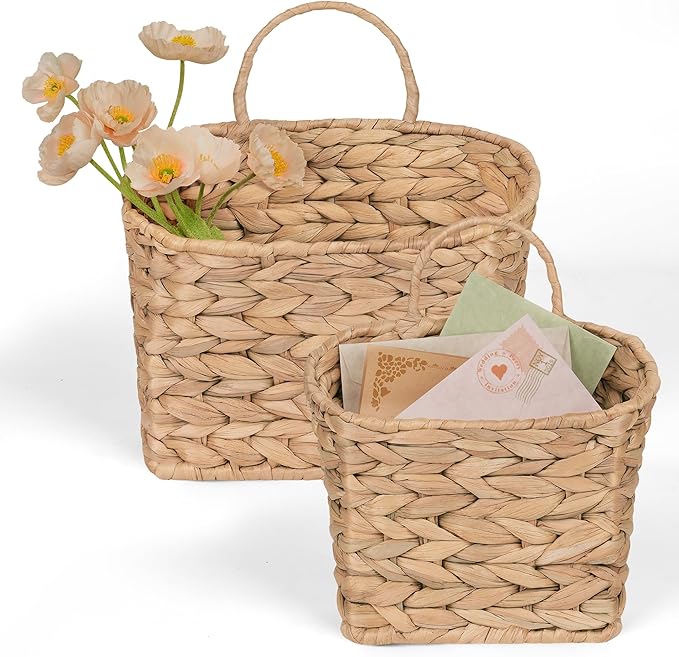 Set of 2 Hanging Basket, Wicker Wall Basket Natural Water Hyacinth, Hanging