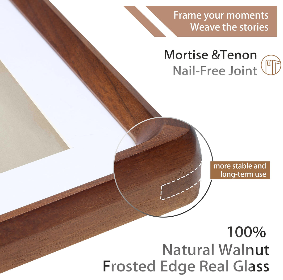 Gdfmsc 8x10 Picture Frame with Mat for 5x7/6x8, USA-Sourced Natural Walnut Wood Handcrafted Rounded Corner with Real Glass, Vertical or Horizontal Display Photo Gallery Wall & Tabletop Frame