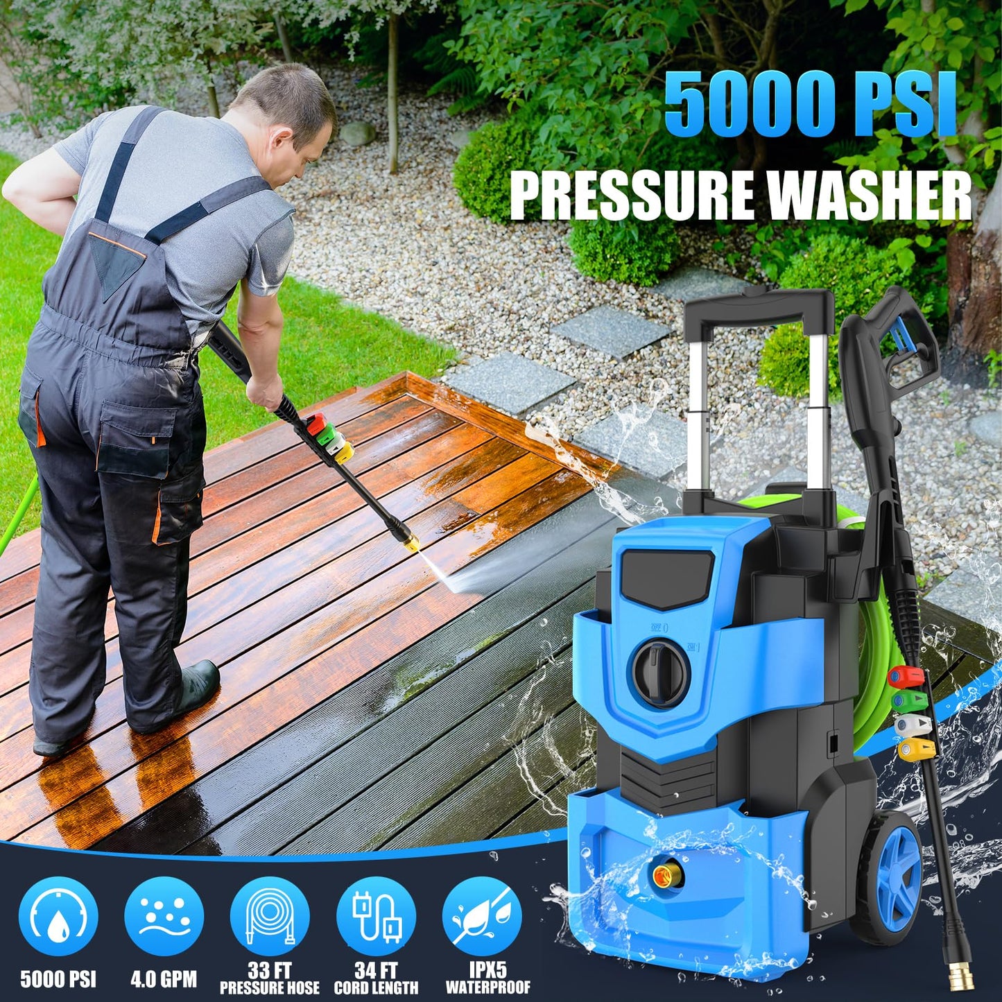 5000 PSI Professional Electric Pressure Washer,4.0 GPM Heavy Duty Power Washer with 4 Nozzles,Foam Cannon,33FT Hose and 500ml Soap Bottle for Home/Cars(Blue)