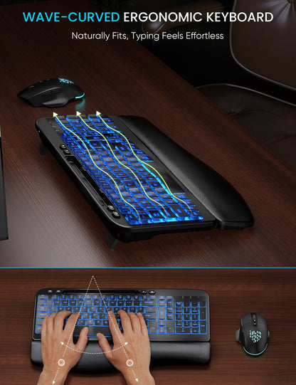 SABLUTE MA22 Pro Wireless Keyboard and Mouse Combo - Ergonomic Wave Keyboard with Soft Leather Wrist Rest, Phone Holder, Rechargeable, RGB Backlit Mouse, Full-Size Set for Windows/Mac/Computer