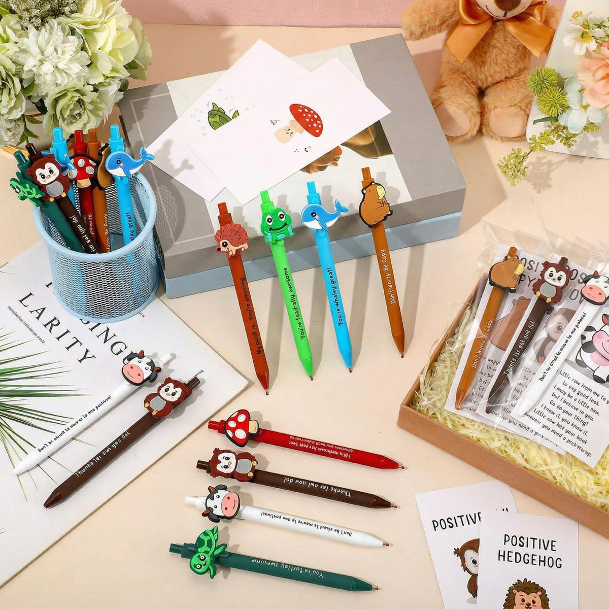 Landical 32 Set Positive Animal Pens Graduation Gift Bulk Cute Funny Pen with Inspirational Card Employee Appreciation Gift for Office Coworker Staff Teacher Student Classroom Teacher Nurse