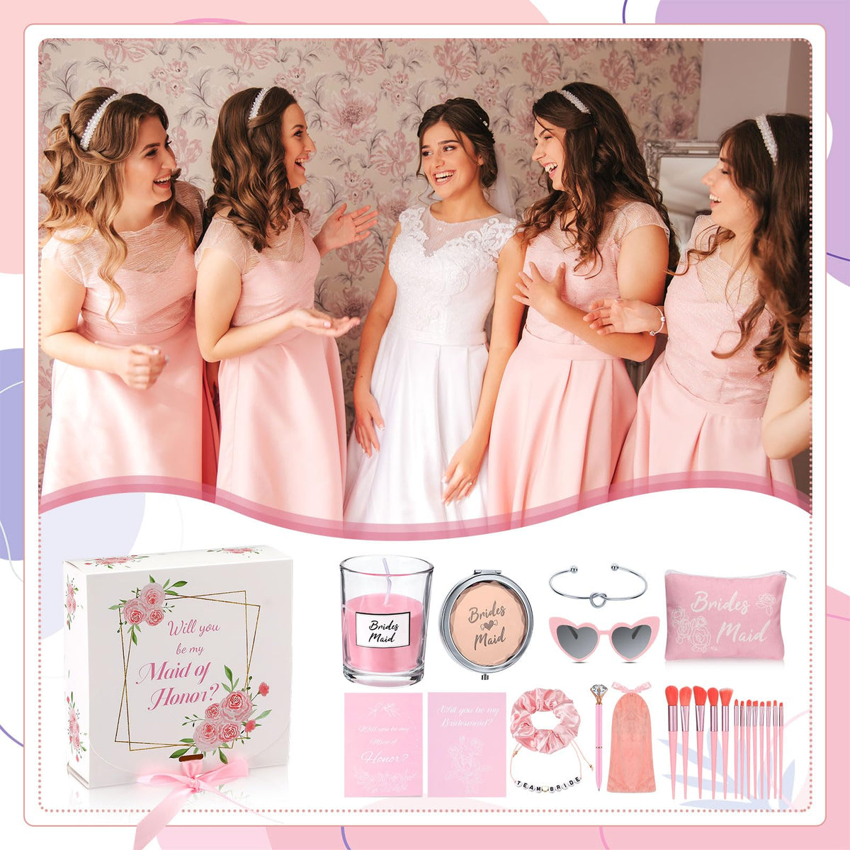 Nuogo 88 Pcs 8 Sets Bridesmaid Proposal Gift Wedding Bridesmaid Box Set Maid of Honor Gift Include Box Candle Invited Cards Scrunchies Hair Elastics Ties Knotted Bracelets Diamond Pens(Pink,Fresh)