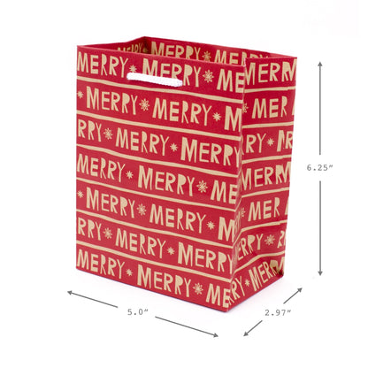 Hallmark 6" Small Holiday Gift Bag Set (Pack of 5; Red, White and Kraft) Snowflakes, Stripes, Merry (5XGB1798)