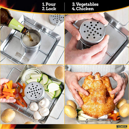 MOUNTAIN GRILLERS Beer Can Chicken Roaster Stand - Stainless Steel Holder - Barbecue Rotisserie Rack for the Grill, Oven or Smoker - Dishwasher Safe - Includes 4 Vegetable Spikes