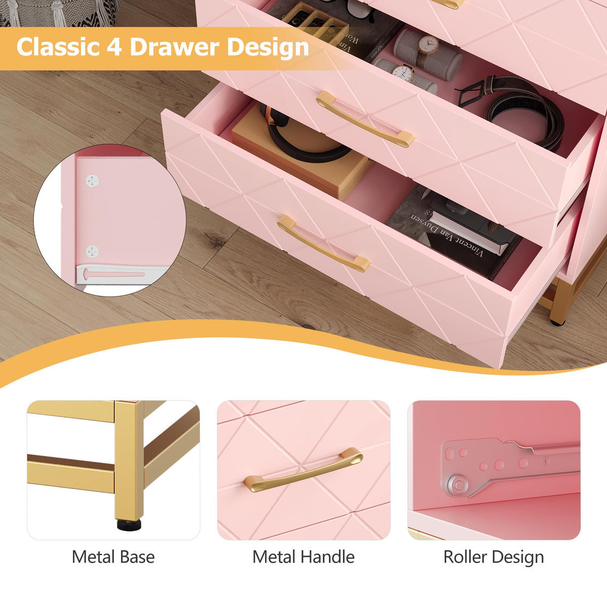 GarveeHome Wooden Dresser for Bedroom, Dressers & Chest of Drawers with 4 Drawer, Wood nightstand for Storage and Organization (Pink)