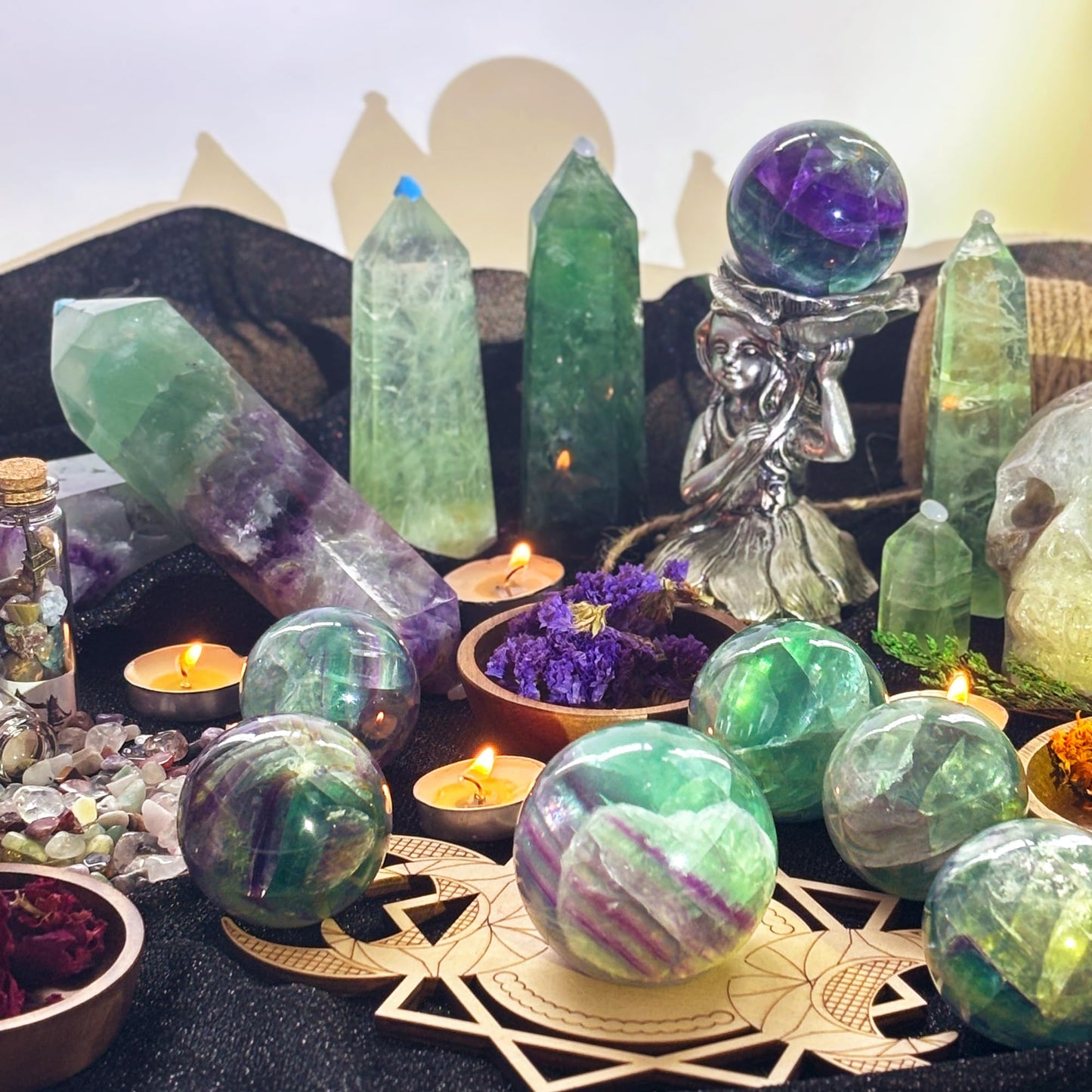 Rainbow Fluorite Crystal Sphere - 1.6-2.0" Inches, Gem-Grade Clarity, Witchcraft Supplies, Healing Crystal for Spooky Room, Ideal for Reiki, Chakra, Feng Shui, Meditation, Healing, and Home Decor