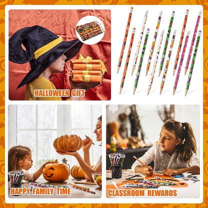 LOMIMOS 120pcs Halloween Pencil Bulk,Colorful Wooden with Eraser 12 Patterns Stationery for Kid Trick or Treat Gift Prize Party Favor School Office Supply Goody Bag Classroom Reward