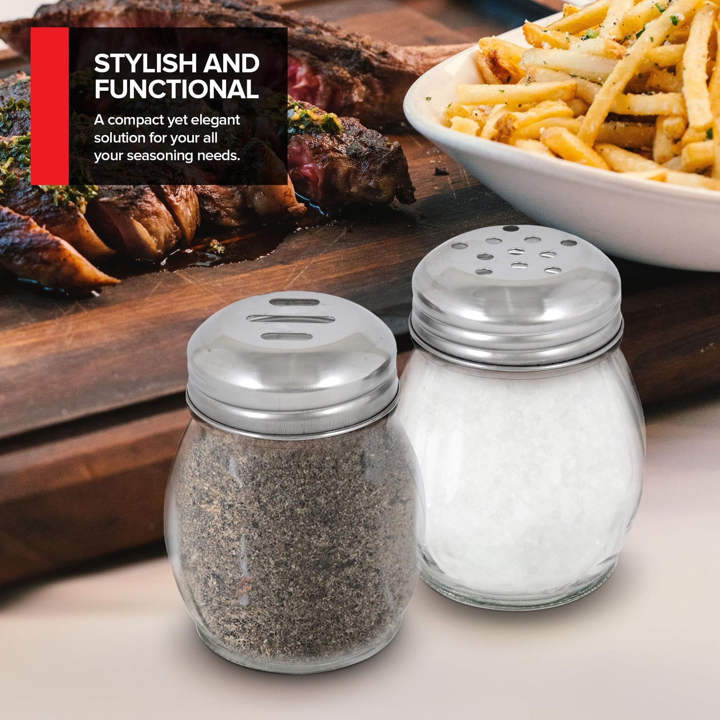 6oz Glass Spice Shaker & Cheese Dispenser Set of 4-6 Ounce with Slotted and Perforated Stainless Steel Tops - Clear Glass Grated Parmesan Cheese Shaker, Red Pepper Shaker, Shakers for Seasonings