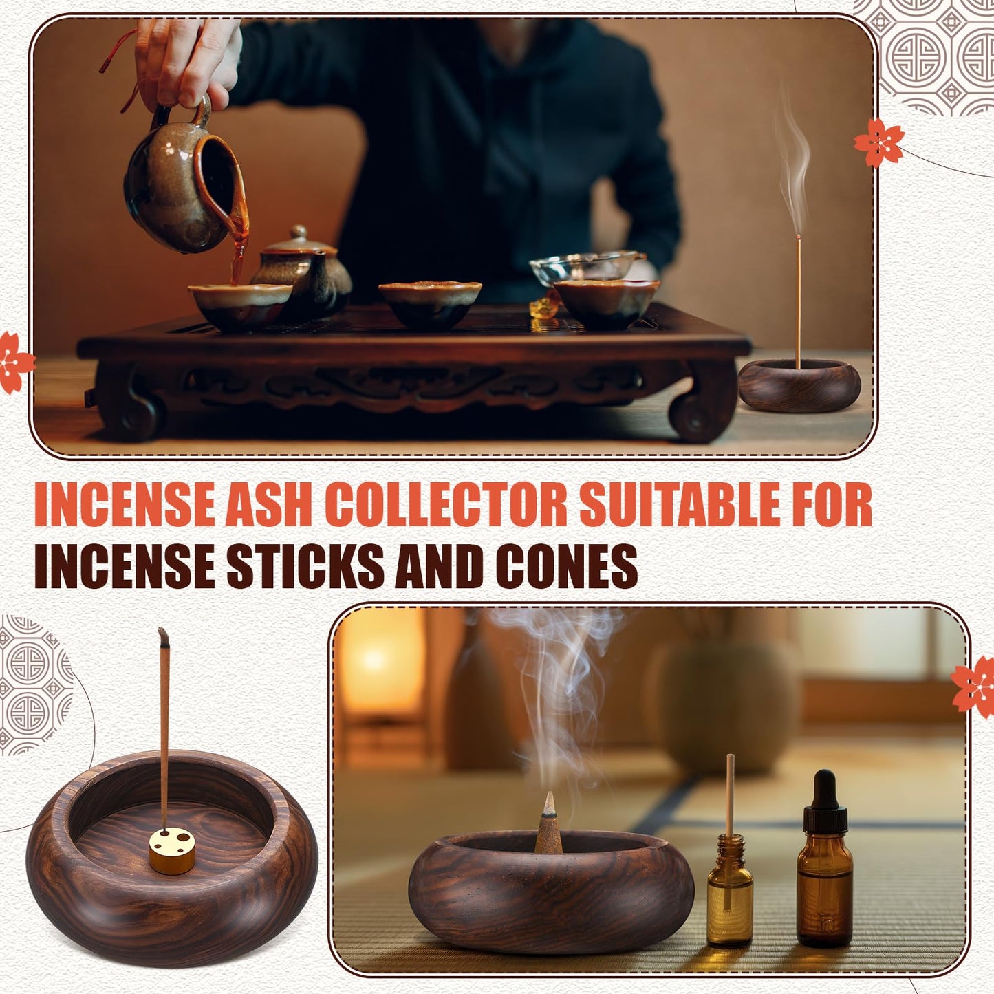 Honeydak 6 Pcs Incense Holder for Stick Wooden Round Incense Burner Stick Holder Bowl Ash Catcher Aromatherapy Ornament for Home Decor, Meditation, Yoga