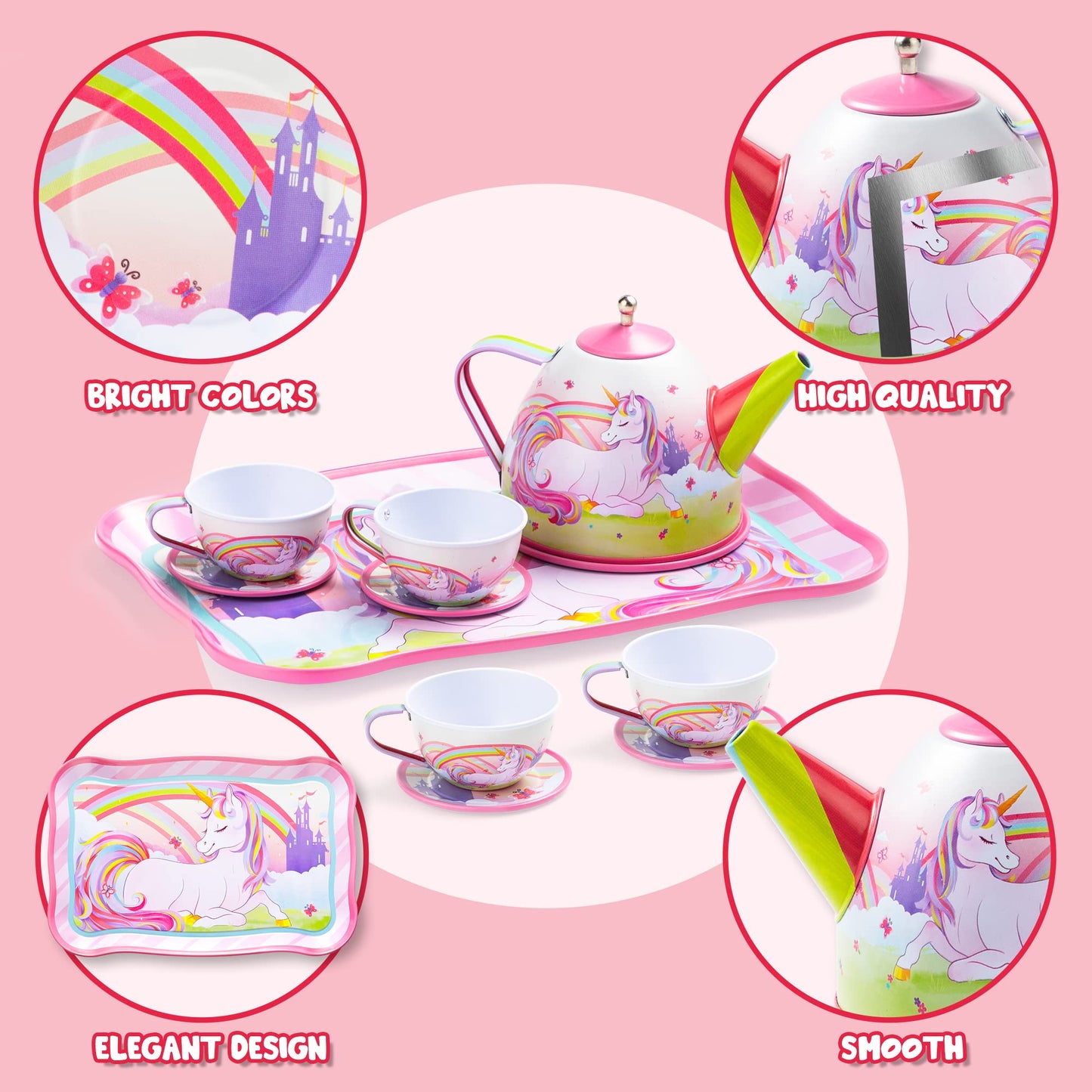 JOYIN Unicorn Tea Party Set for Little Girls, Pretend Pink Tin Teapot Set, Princess Tea Time Play Kitchen Toy with Teapot, Cup, Plate, Carrying Case for Kids Toddlers Age 3 4 5 6, Easter Birthday Gift