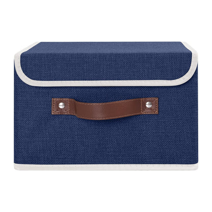 ANMINY Storage Bin with Lid Storage Boxes with PU Leather Handles PP Plastic Board Decorative Foldable Lidded Cotton Linen Fabric Home Cubes Baskets Closet Organizer Container - Blue, Small Size