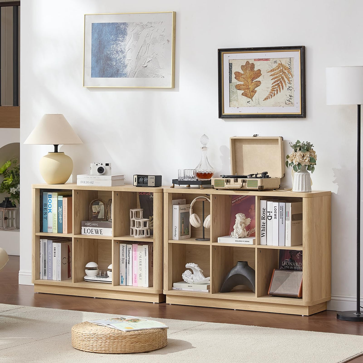 Joaxswe 6 Cube Storage Book Shelf, 40" Wide Low Horizontal Bookcase with Curved Edge, Floor Standing 2-Tier Wooden Bookshelf with Base, Modern Short Book Case for Bedroom, Study, Entryway, Natural Oak