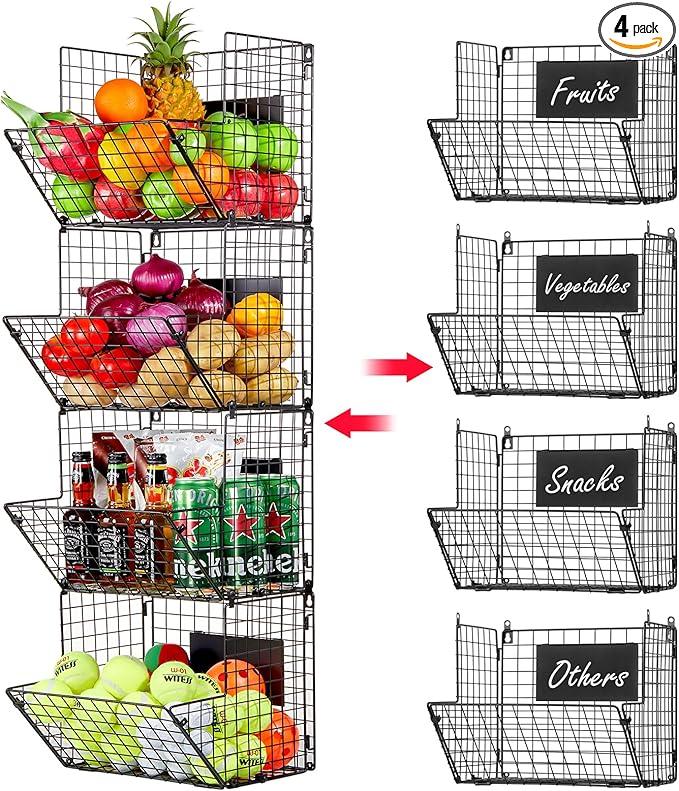 X-cosrack Metal Wire Basket Wall Mount, 4 Tier Extra Large Wall Storage Basket