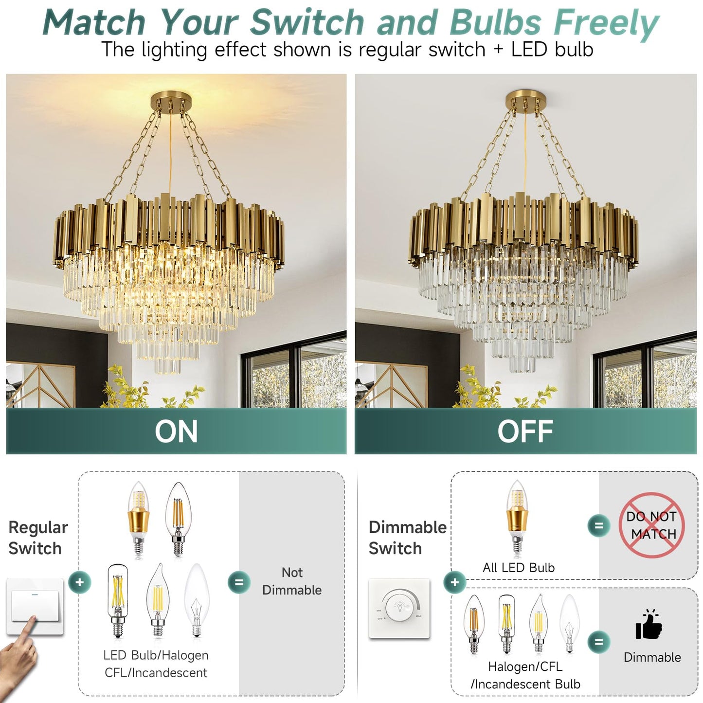 AOOCHOK Modern Crystal Chandelier Gold Pendant Light Fixtures, Round Crystal Pendant Lighting for Living Room, Dining Room, Bedroom, Restaurant, E12 x 12, Φ30inch