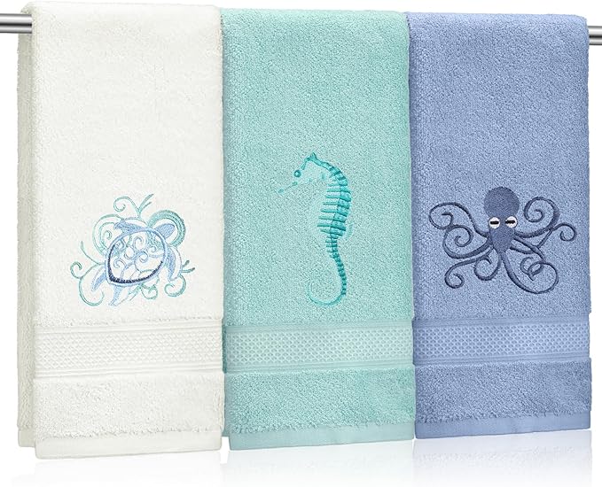 3 Pack Coastal Hand Towels for Bathroom 100% Cotton Embroidered Bathroom Towels