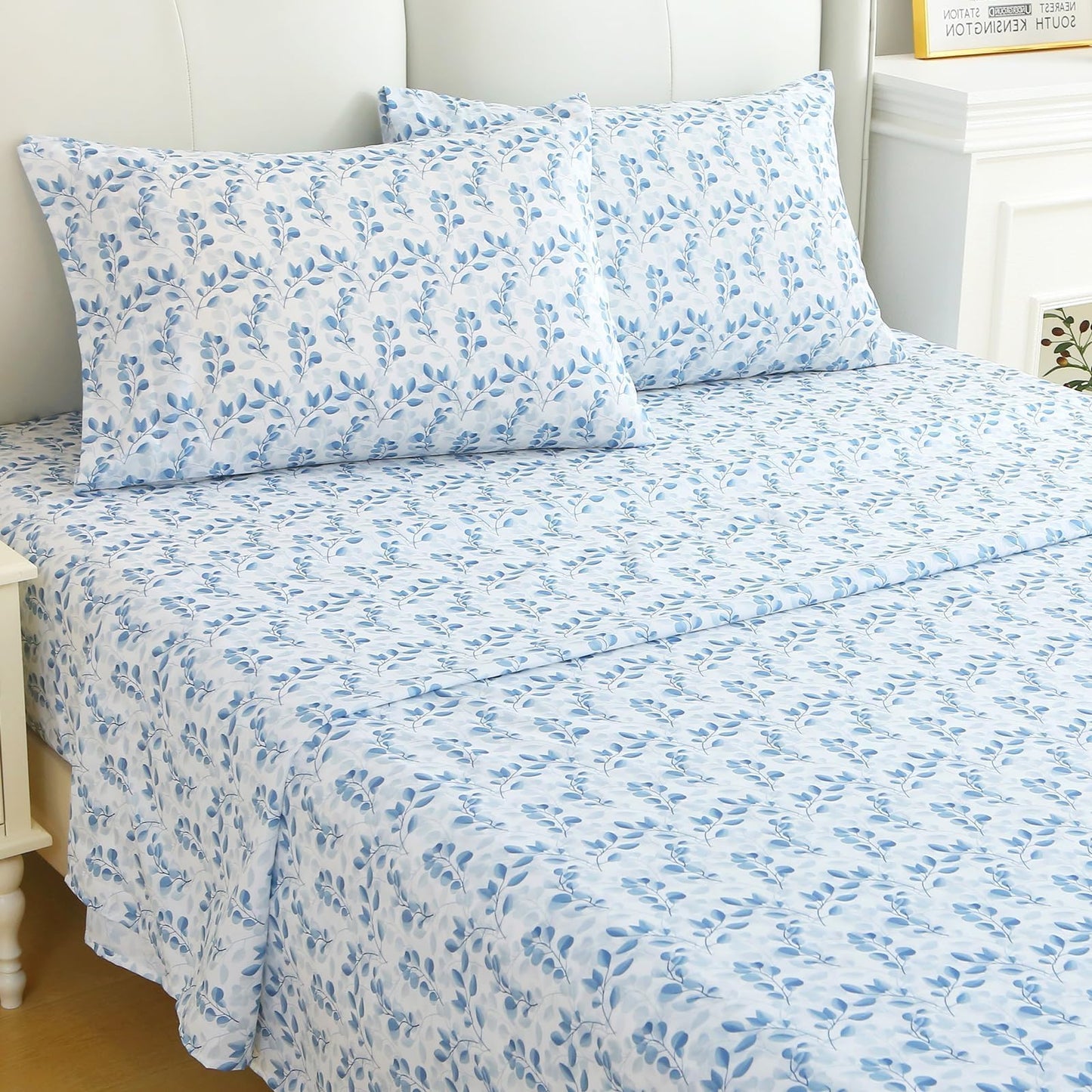 MUXHOMO King Size 4 Piece Sheet Set, Soft Breathable Bed Sheet Set for Bedroom with Deep Pocket Up to 16", Wrinkle-Free & Cooling Bedding for Oeko-TEX Certified - Blue Leaves