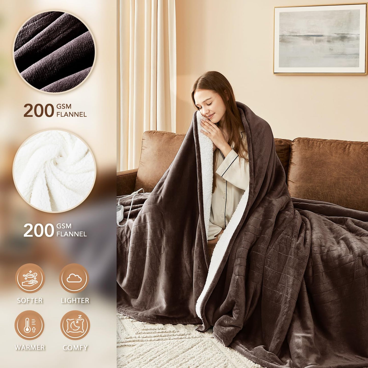 Homemate Electric Heated Blanket Twin - 62"x84" Heating Bed Blankets Throw with 10 Heating Levels 8 Hours Auto Off Fast Heating Over-Heated Protection Ultra Soft Warm Flannel ETL Certified Grey