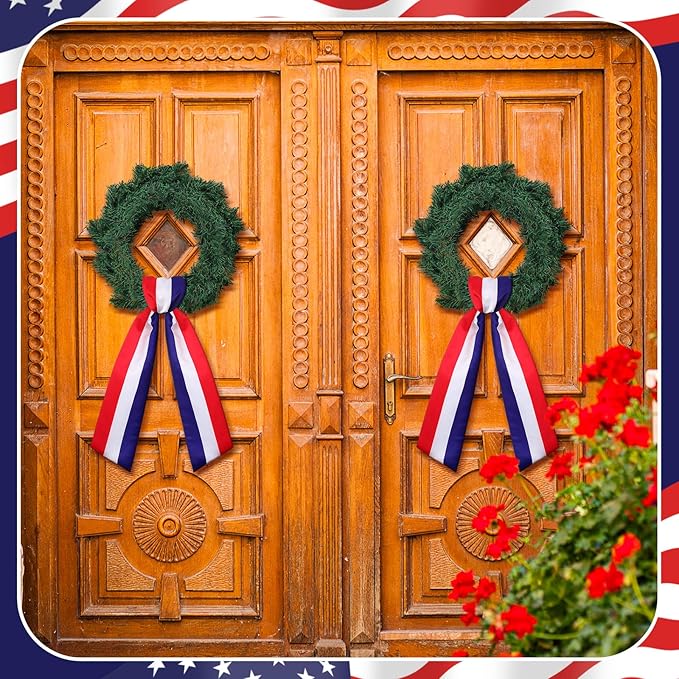Wreath Sash for Front Door Wreath Satin Sash Blank Sashes Embroidery Monogram Yard Doorway Indoor Outdoor Wall Ribbon Bow Home Decor (Red,White,Blue,Independence Day)