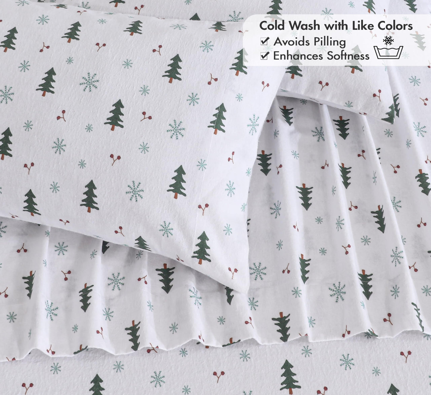 RUVANTI Flannel Sheets Queen Size - 100% Cotton Double Brushed Bed Sheets, Deep Pockets 16 Inches Queen Sheet Set, All Seasons Breathable & Extra Soft - Warm & Cozy, 4 Piece, Berry & Pine