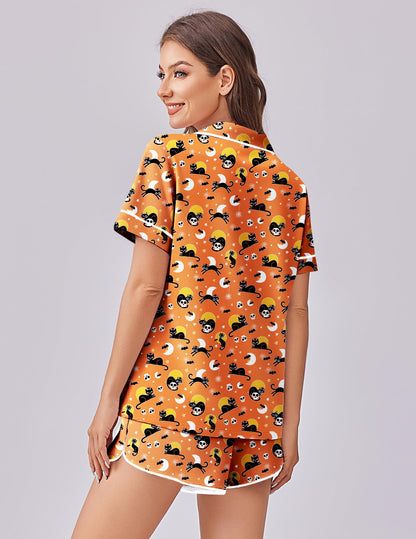 Ekouaer Womens Silk Satin Pajama Set Print Short Sleeve Sleepwear Button Down Pjs Shorts Set Loungewear Halloween Kitty L