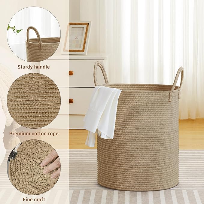 Tall Laundry Basket with Handles, 53L Portable Dirty Clothes Hamper, Boho