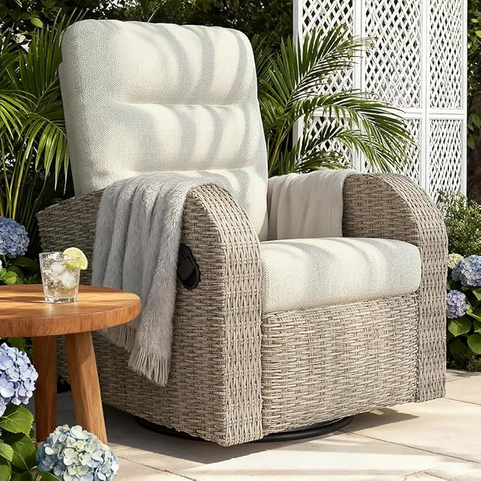 Outdoor Swivel Recliner Chair, All-Weather Wicker Reclining Patio Chair with Adjustable Backrest and Footrest