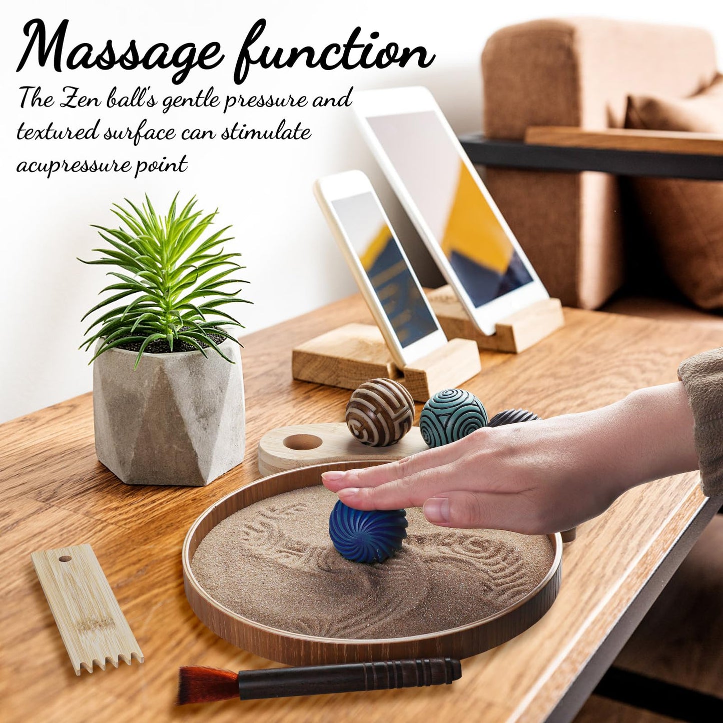 Melonva Mini Zen Garden for Desk - 9.5''x9.5'' Automatic Desk Sand Tray Therapy Kit with 4 Stamp Spheres
