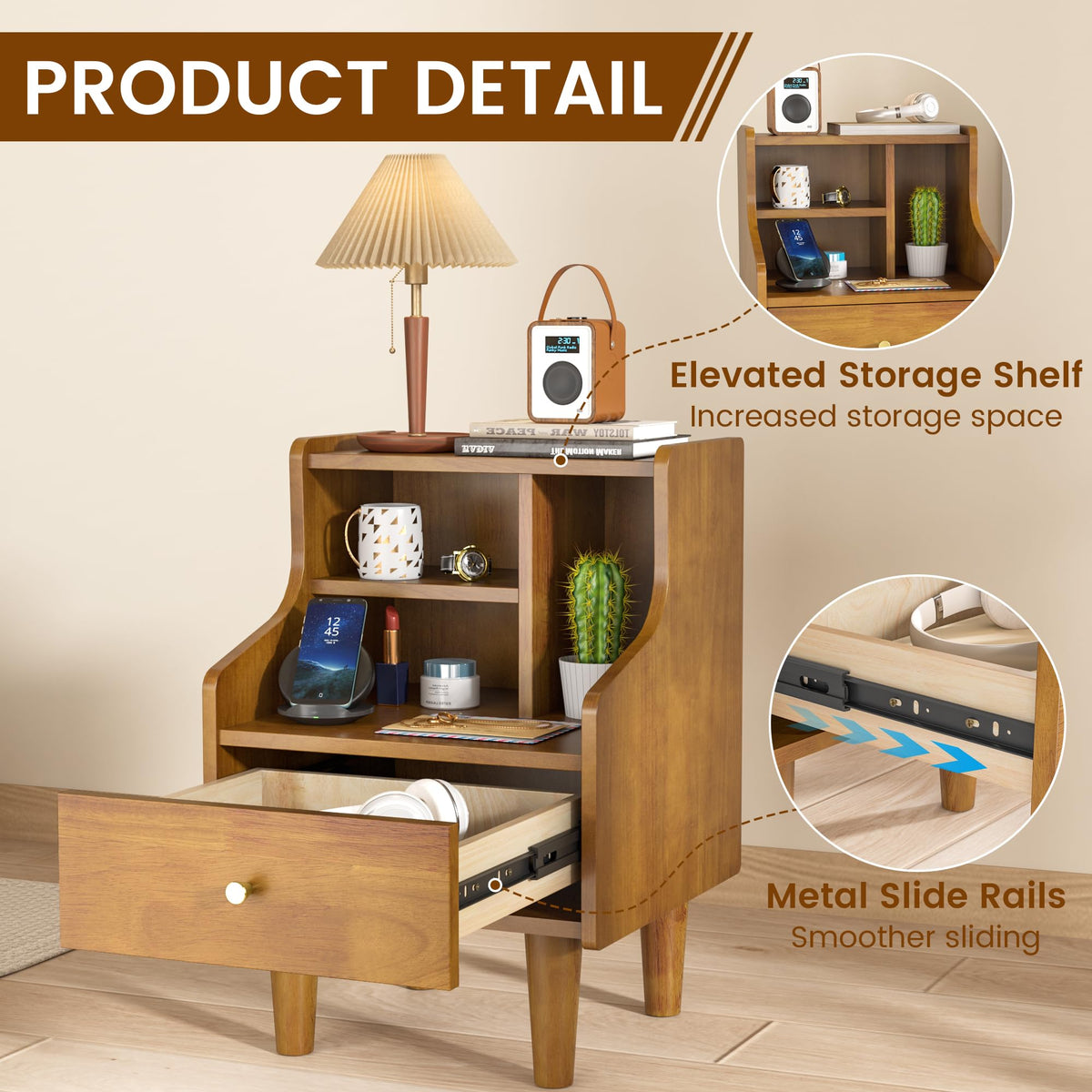 Solid Wood Nightstand, Walnut Bookshelf Nightstand with Open Storage Shelves, Mid Century Modern Night Stand with Drawer, Bedside Table for Bedroom