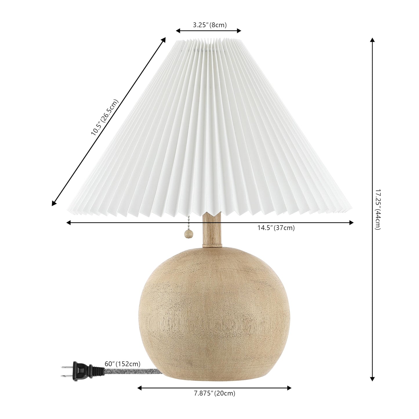 JONATHAN Y 17.25" Beige Wood Finish/White Sphere Table Lamp, Mid-Century Bedside Nightstand with Beige Pleated Linen Shade, Scandinavian Coastal Style, LED Bulb Included (JYL1145B)