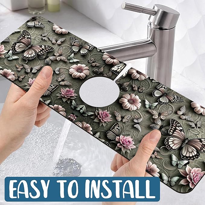 Cute Butterfly Sink Splash Guard Pink Flower Faucet Absorbing Mat Fast Drying