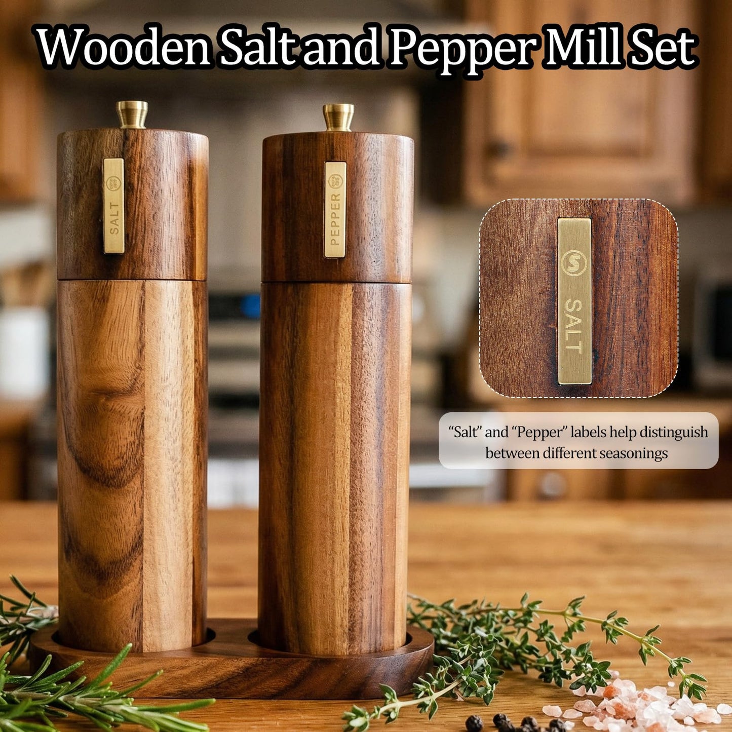 2 Pack Wooden Salt and Pepper Grinder Set,8.46 inch Adjustable Coarseness Manual Salt and Pepper Mill with Brush and Spoon,Acacia Wood Refillable Grinders for Kitchen Christmas Home Gift