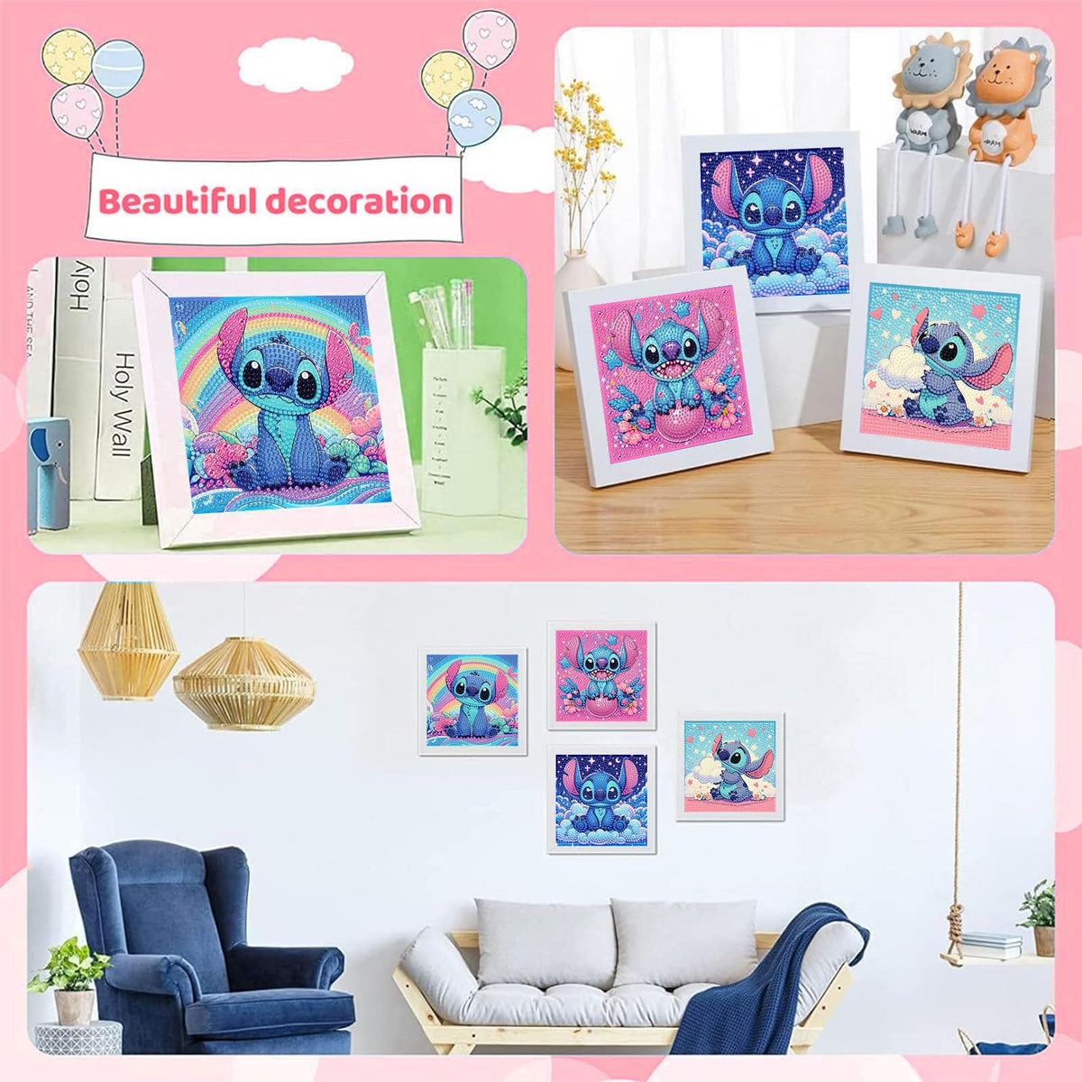 KOJEFCV 4 PCS Diamond Art Painting Kits for Kids, Cartoon Diamond Art for Kids Ages 4-8-12, Cartoon Gem Painting Kit Crafts Beginners for Gift Home Wall Decor (6x6 inch)