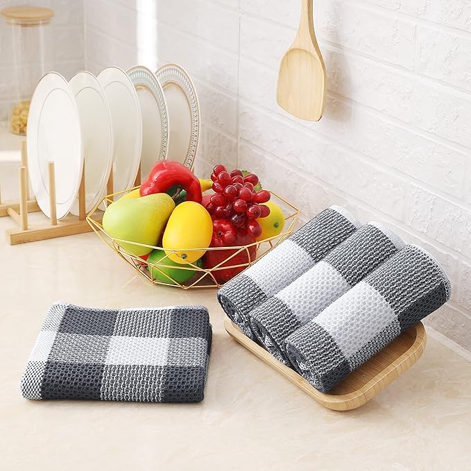 Homaxy 100% Cotton Waffle Weave Check Plaid Kitchen Towels, 13 x 28 Inches