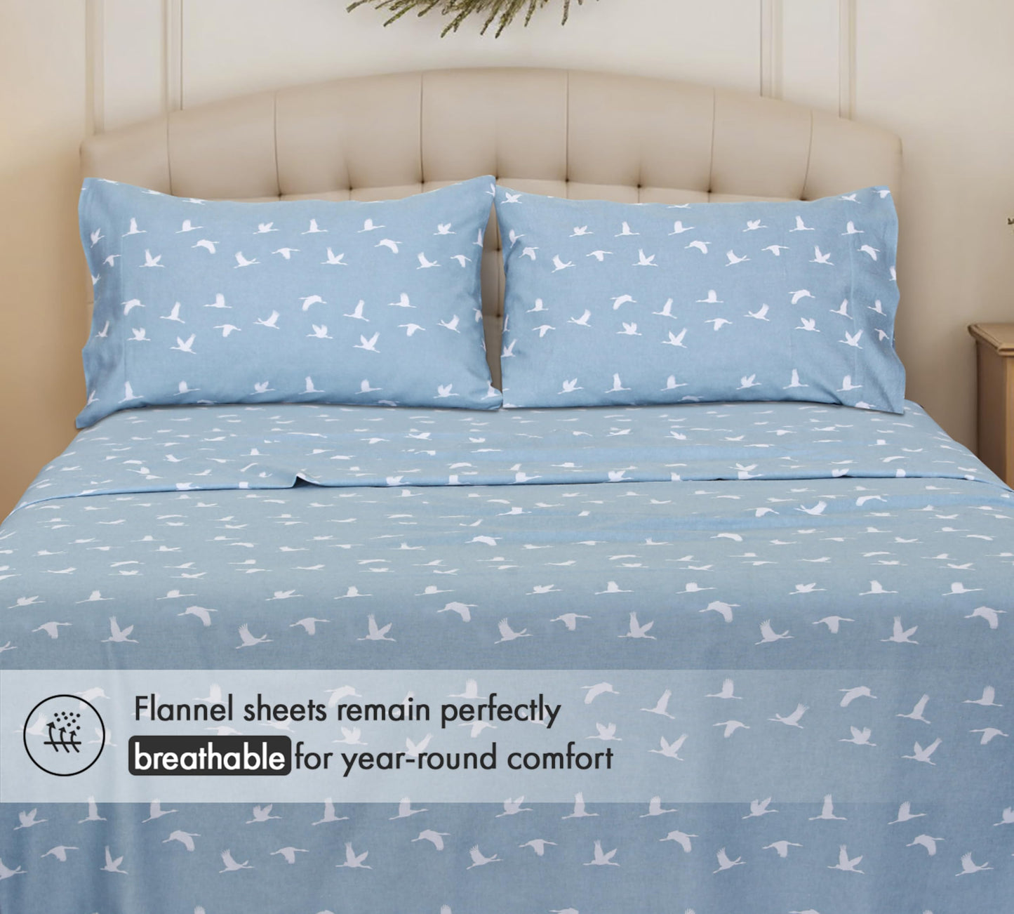 RUVANTI Flannel Sheets Queen Size - 100% Cotton Double Brushed Bed Sheets, Deep Pockets 16 Inches Queen Sheet Set, All Seasons Breathable & Extra Soft - Warm & Cozy, 4 Piece, We Fly