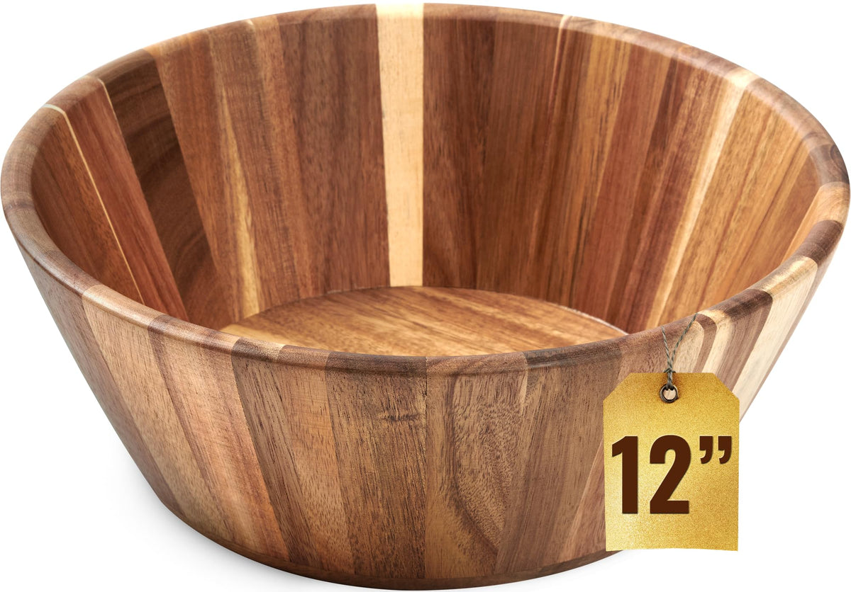Woodenhouse Wooden Salad Bowl, Salad Bowl, Wooden Bowl - 12" Round Design Fruit Bowl, Handmade, Durable and Stylish Natural Wood Dining Accessory