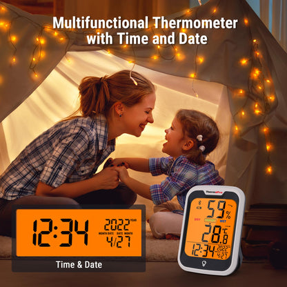 ThermoPro TP358 Bluetooth Hygrometer Room Thermometer with Built-in Clock, Swiss-made Sensor Indoor Thermometer with Backlit and Notification Alert Ideal for Baby Room, Greenhouse, Office and Cellar