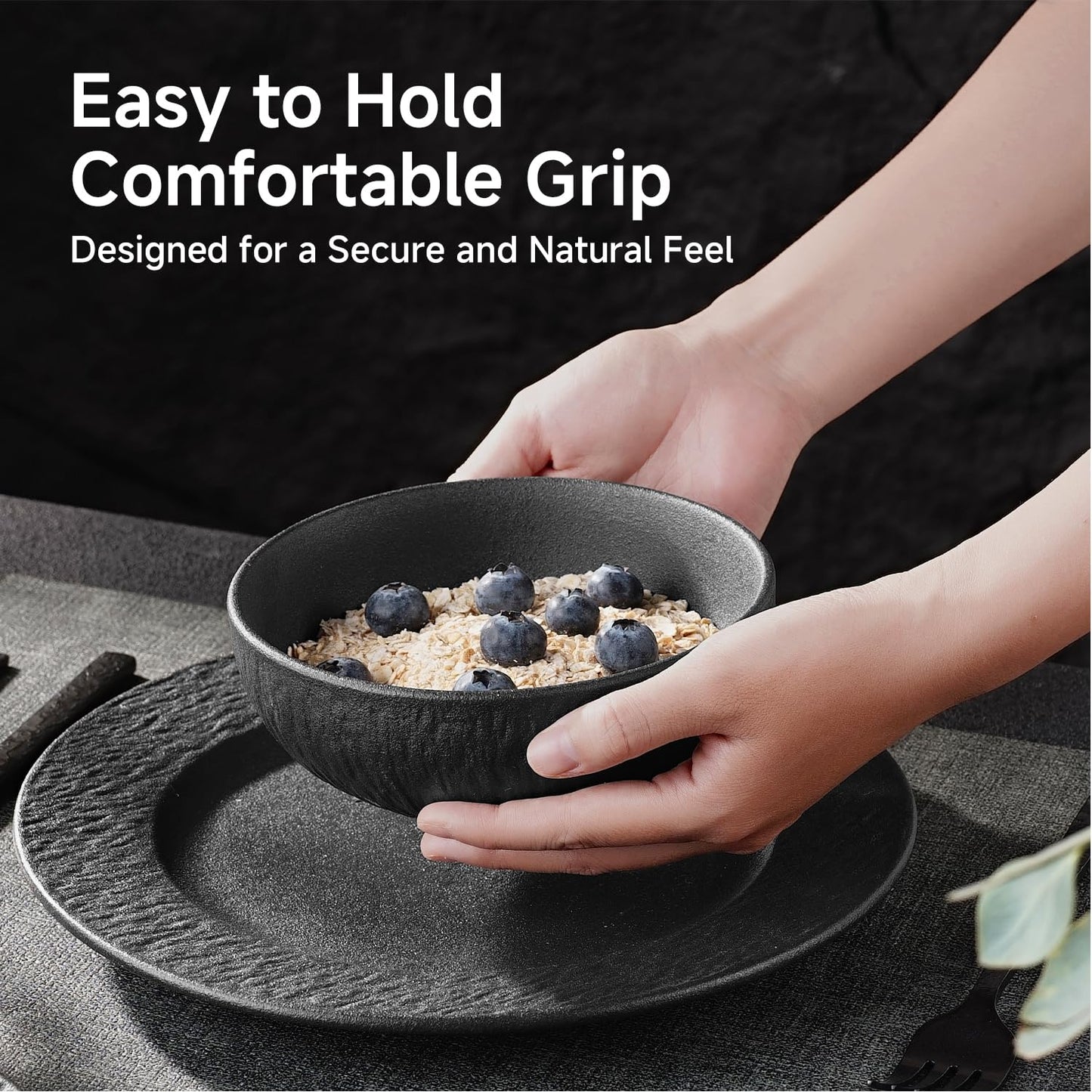 KINGSTONE Black Bowls Set of 4, 20.4 OZ Matte Marble Pattern Premium Porcelain Soup Bowls, Ceramic Cereal Bowl Set for Salad, Dessert, Pasta, Microwave and Dishwasher Safe