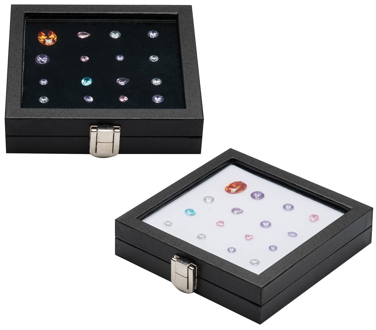Giftop Jewelry Display Case Tempered Glass Top Lid Black Leatherette,Gemstone Display Case Jewelry Storage Box with Metal Clasp (Medium)