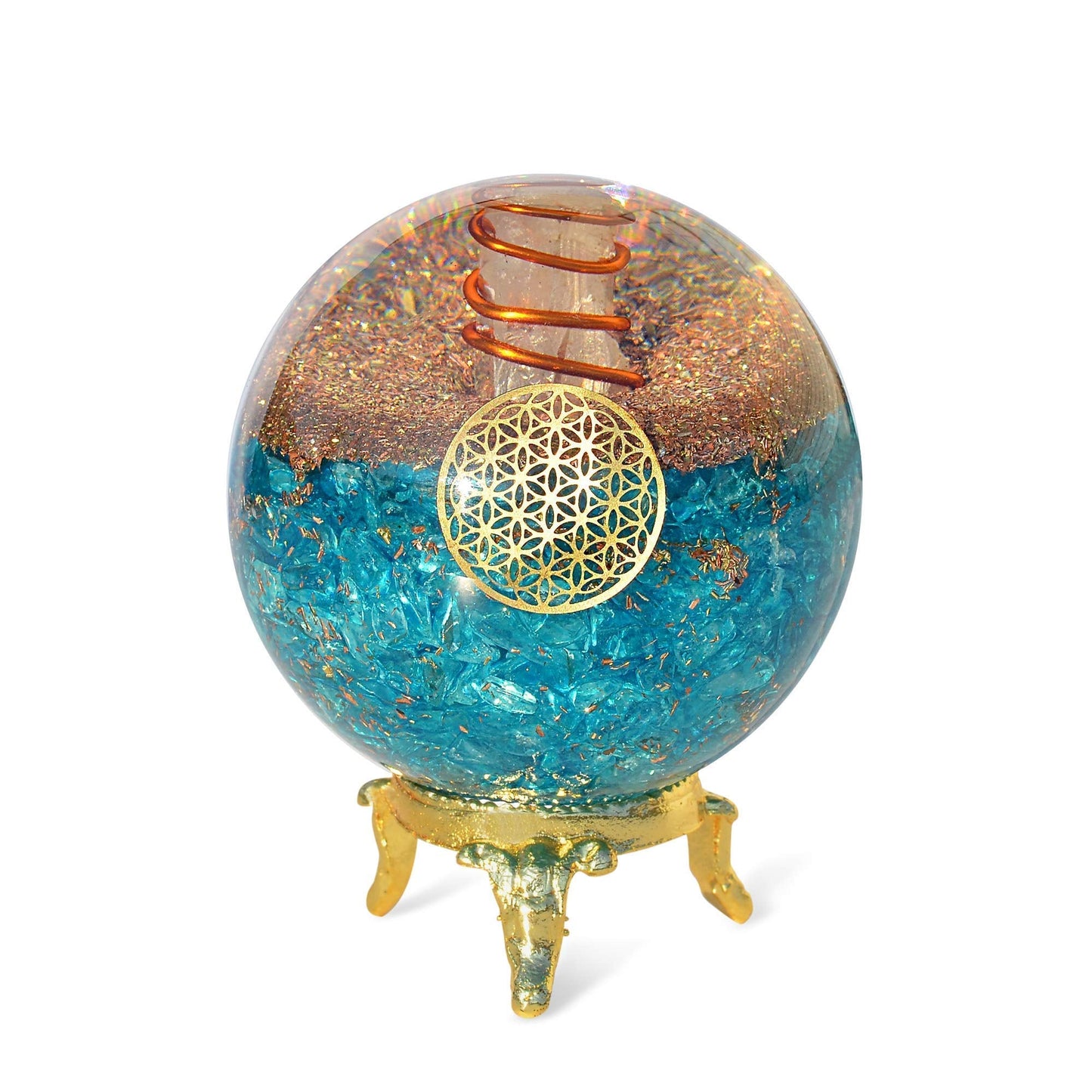 Orgonite Crystal Blue Aquamarine Crystal Ball with Stand for Positive Energy, Chakra Balancing –with Flower of Life Symbol to Promote Purpose, Serenity and Courage