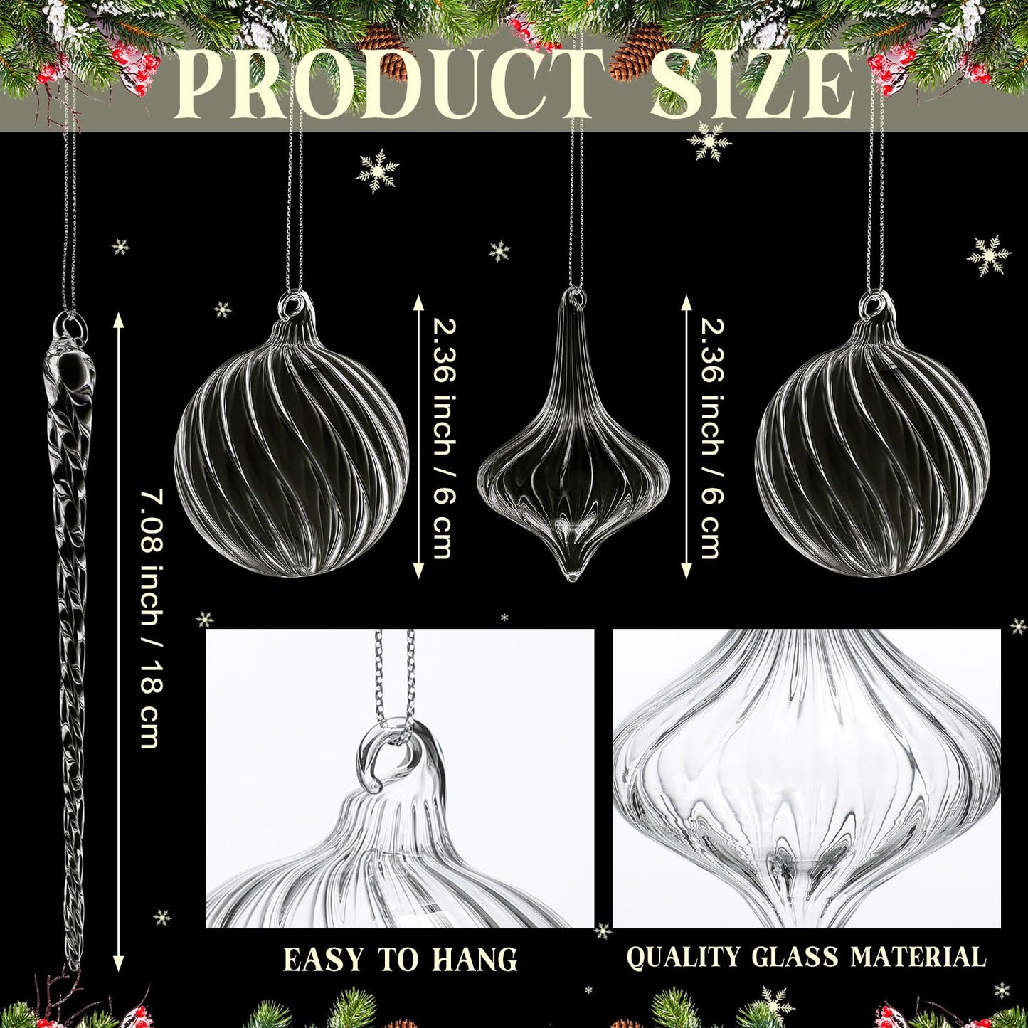 Seematn 18 Pcs Clear Christmas Glass Ornaments Ball Icicle Drop Ornaments Hanging Crystal Balls Glass Bulbs for Xmas Tree Home Indoor Party Elegant Winter Festival Crystal Decorations