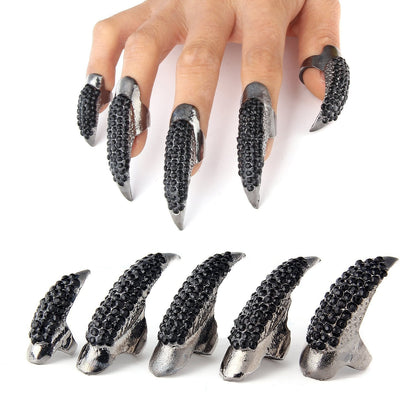 10 Pcs Halloween Costume Claws Fake Nails Ring Set, Bestga Gothic Punk 3 Sizes Crystal Full Finger Rings Paved Paw Bend Fingertip Fingernail Claw Girls Women Men Ring False Easy Long Nails (Black)