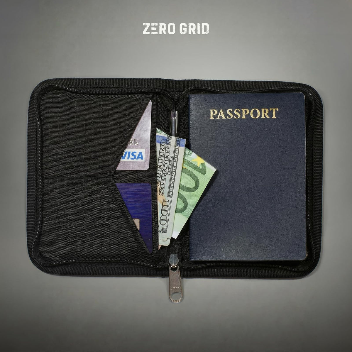 Zero Grid RFID Passport Holder & Travel Wallet, Zippered Wallet for Men & Women, Fits Passport, Cards, Cash, Tickets, ID, Sim Card; Premium & Compact Travel Document Holder - Midnight Black